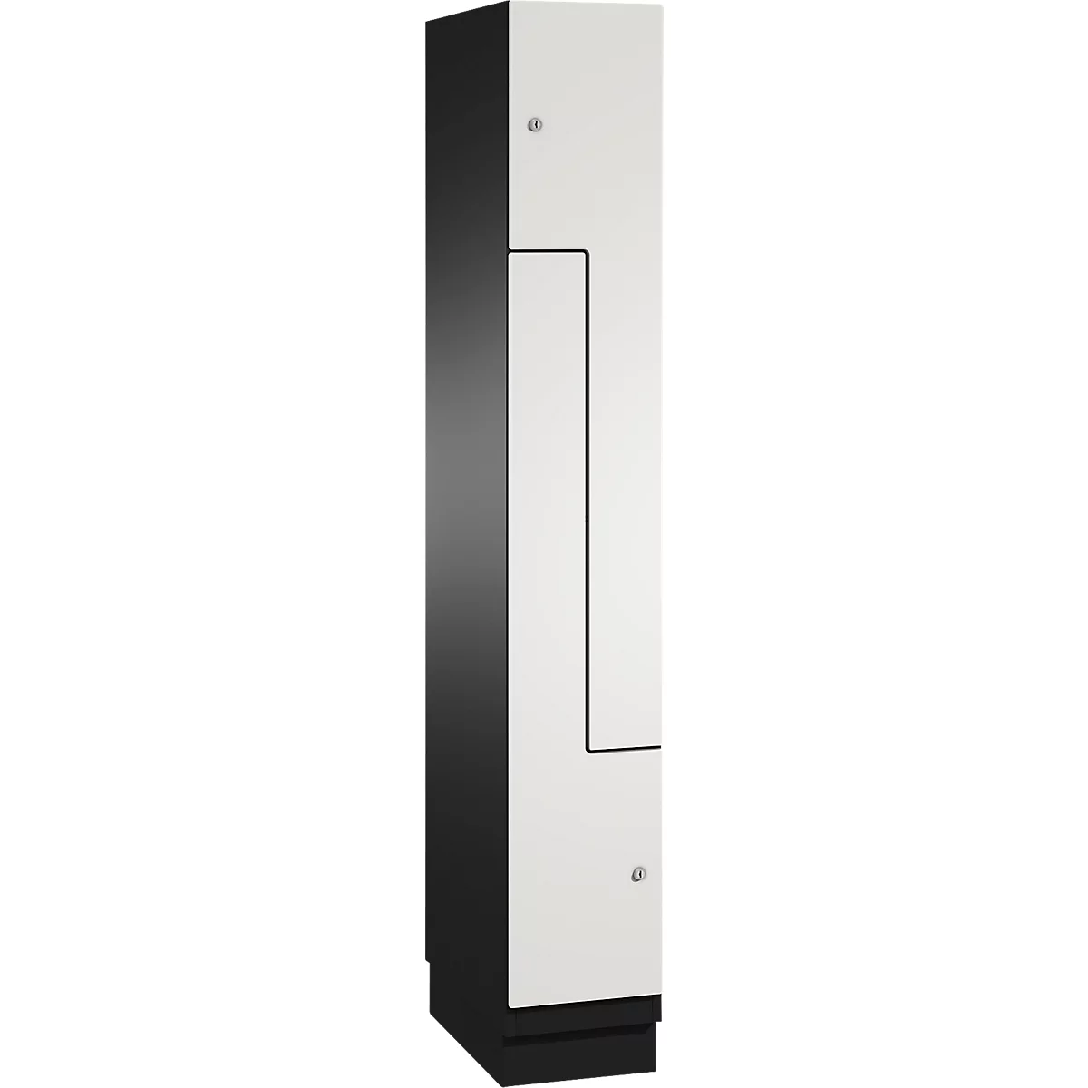 Armoire avec façade noire et blanche, prise de vue détaillée.