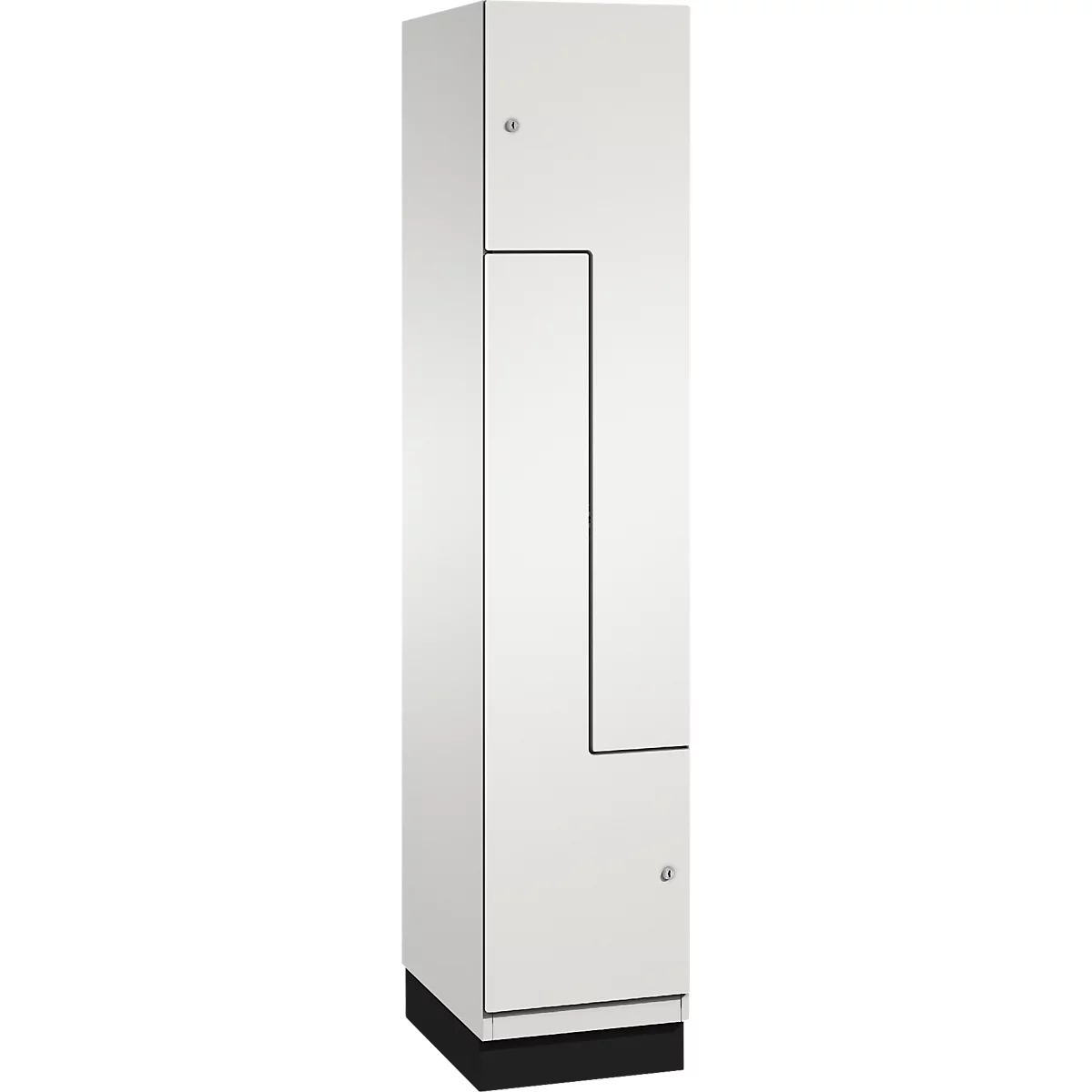 Armoire blanche avec zone de porte décalée, deux boutons. Socle noir.