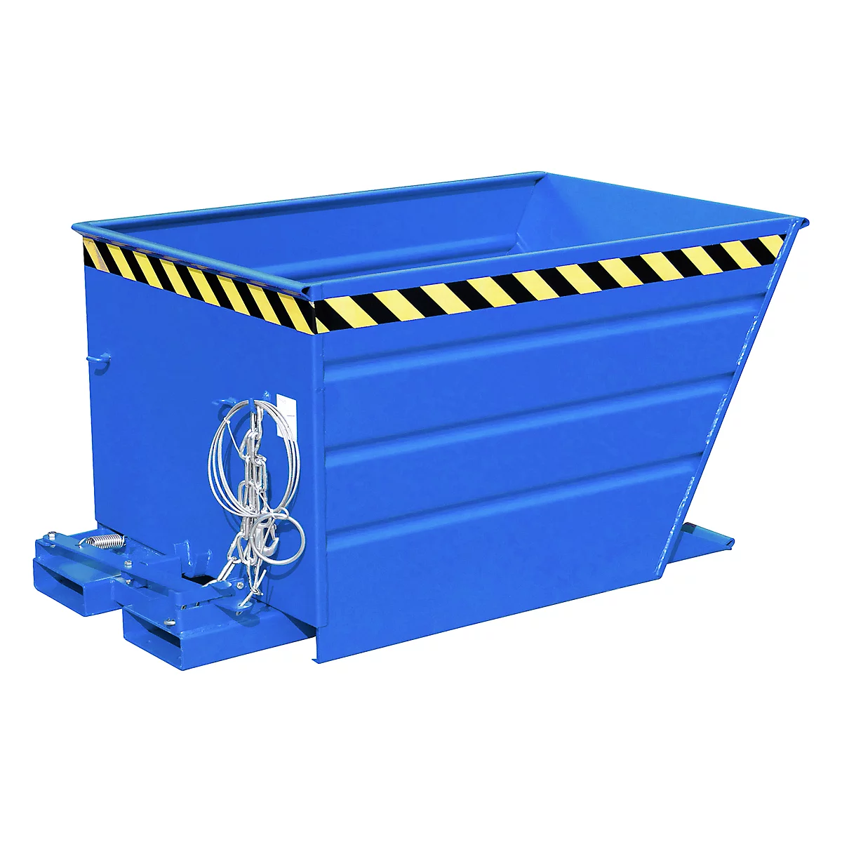 Blue tipping skip with yellow and black warning tape. Hooks with wire rope on the side. Tipping skip is slightly inclined.