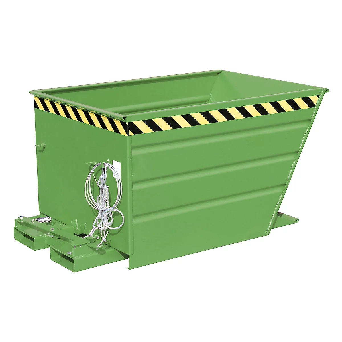 Green bin with black and yellow warning tape, ribbed sides, bracket with chain.