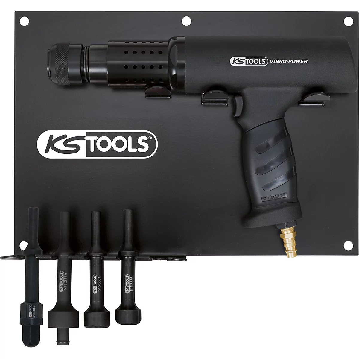 Schwarzes Druckluftwerkzeug mit Zubehör auf einer Halterung. Aufschrift: KS TOOLS, VIBRO-POWER.