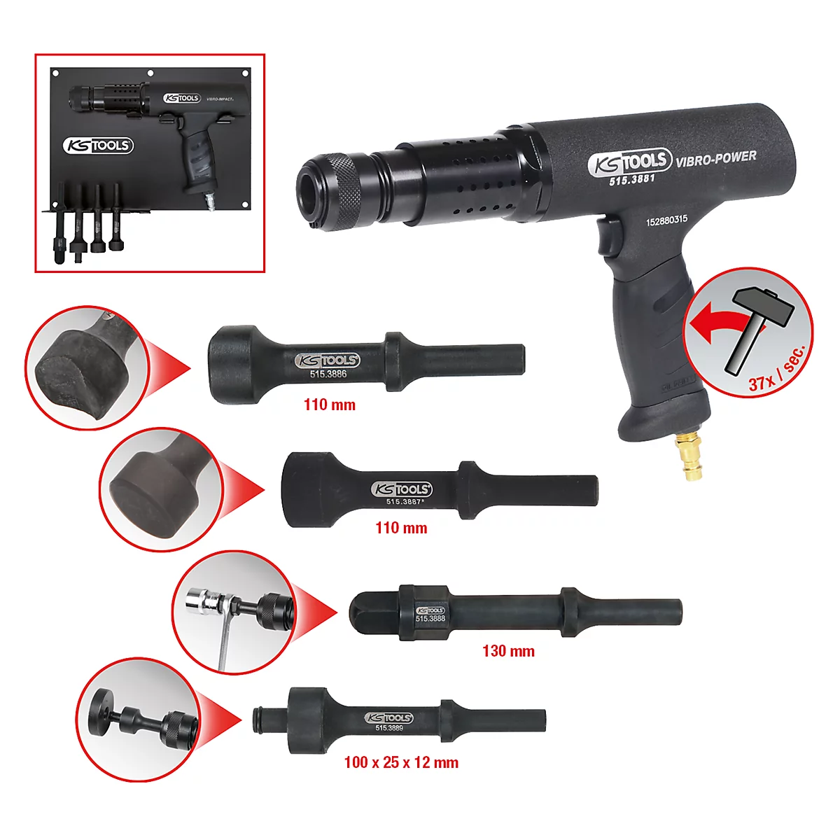 Schwarze KS Tools Vibro-Power Druckluft-Nietpistole mit Zubehör. Gezeigt werden verschiedene Aufsätze und Abmessungen. Im Hintergrund sind eine Halterung und ein Hammer-Symbol.