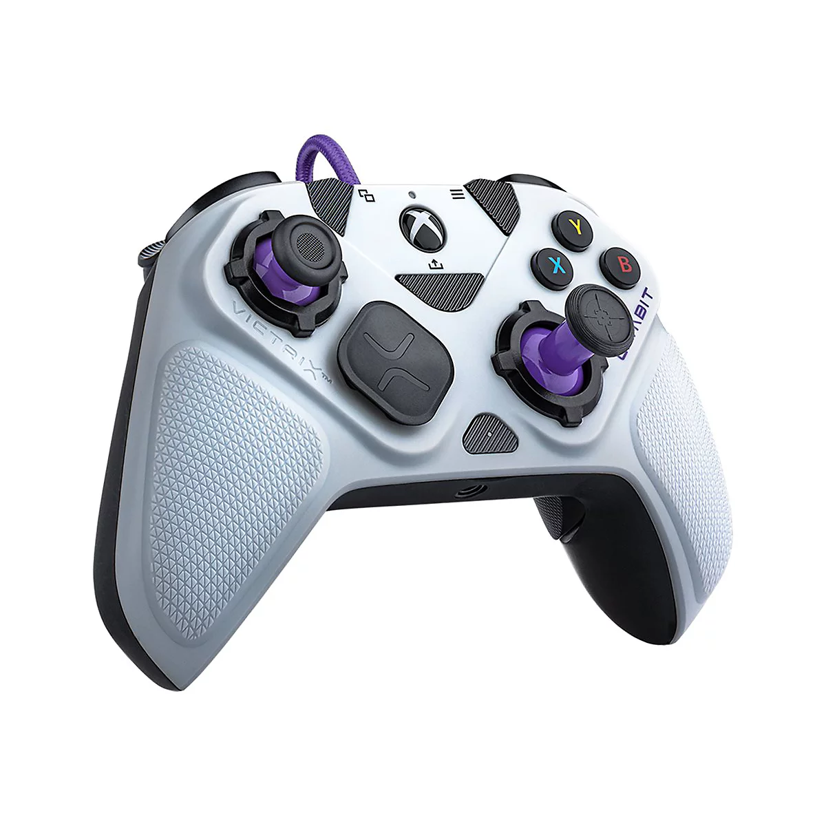 Weiß-grauer Victrix Gambit Xbox-Controller mit violetten Akzenten und Kabel.