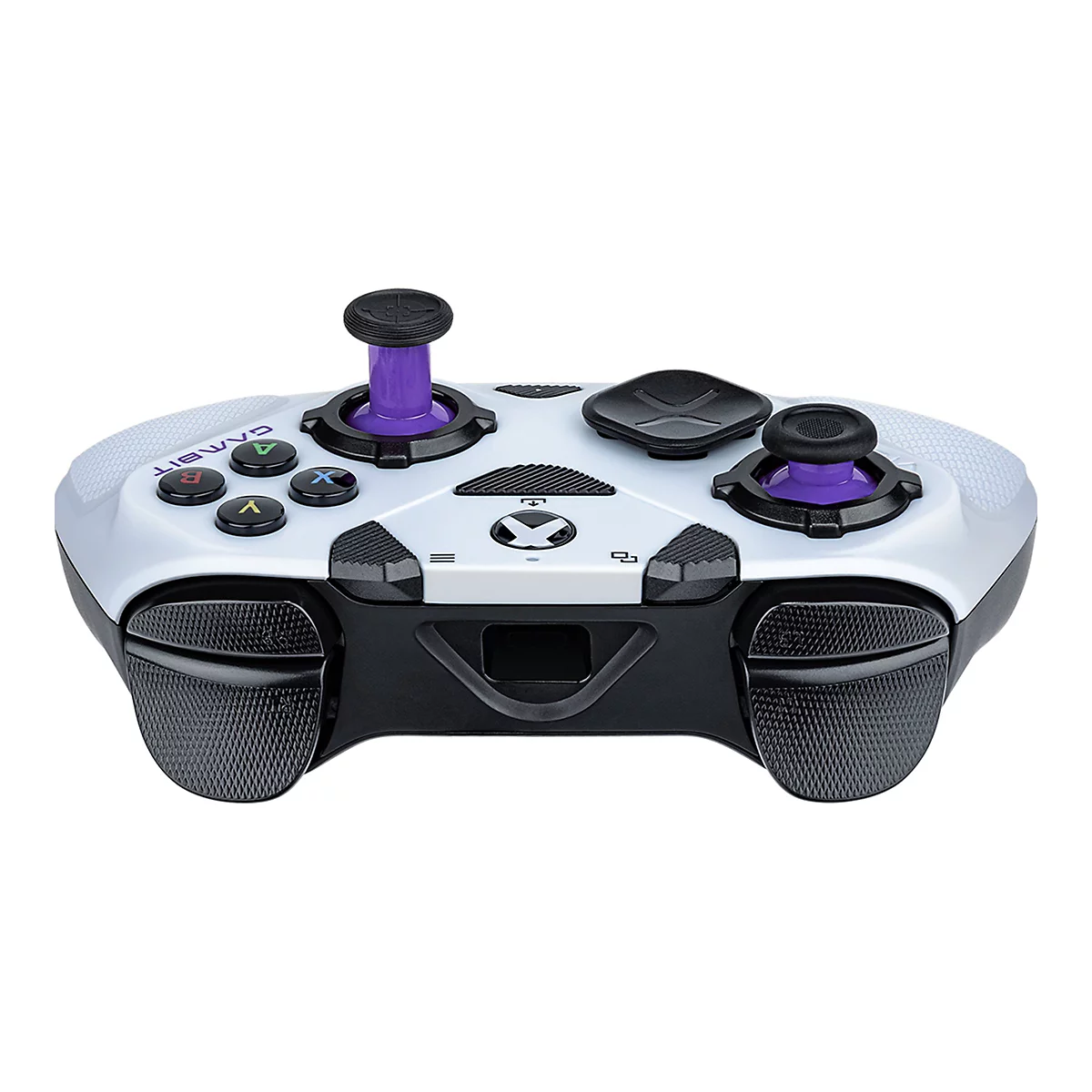 Weißer Gaming-Controller mit schwarzen und lila Akzenten. Auf dem Controller sind Buttons für Xbox-Spiele erkennbar.