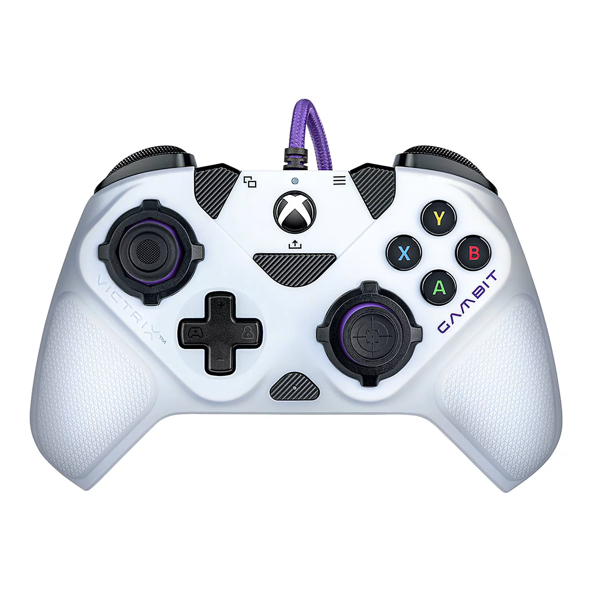 Weißer Gamecontroller mit lila Details und Kabel. Es gibt Tasten und Joysticks sowie das Xbox-Logo.