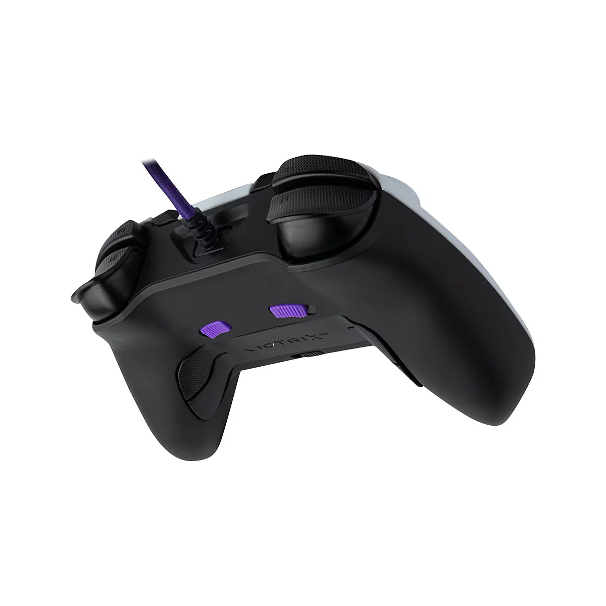 Schwarzer Controller mit lila Akzenten. Der Controller hat Knöpfe und ein lila Kabel.