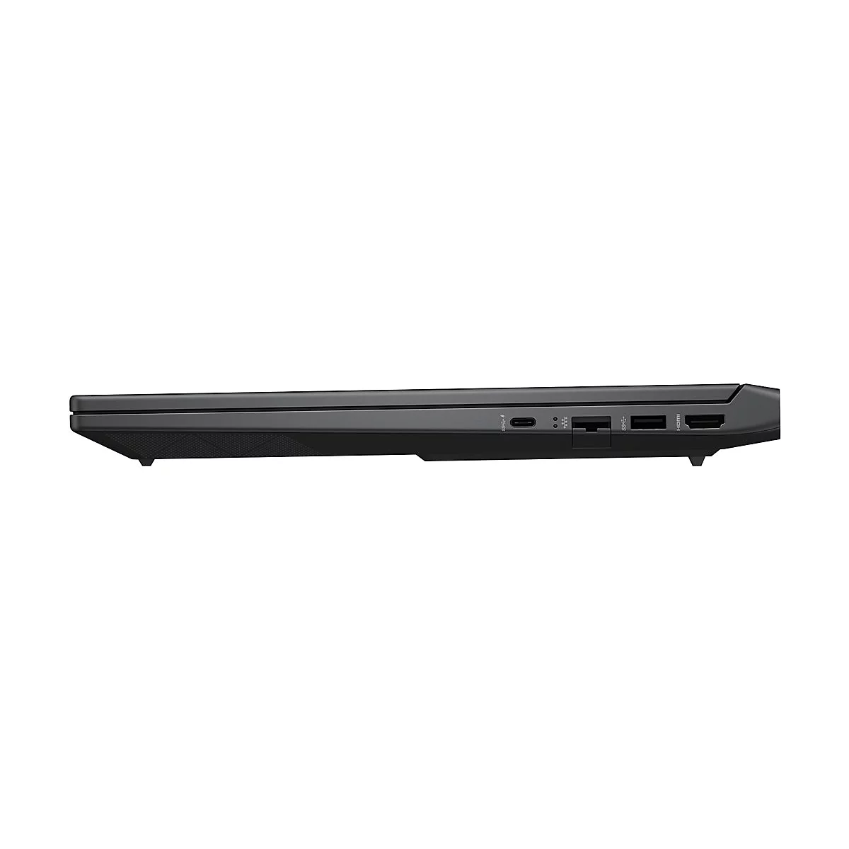 Schwarzes Laptop-Seitenprofil mit Anschlüssen: USB-C, USB, HDMI.