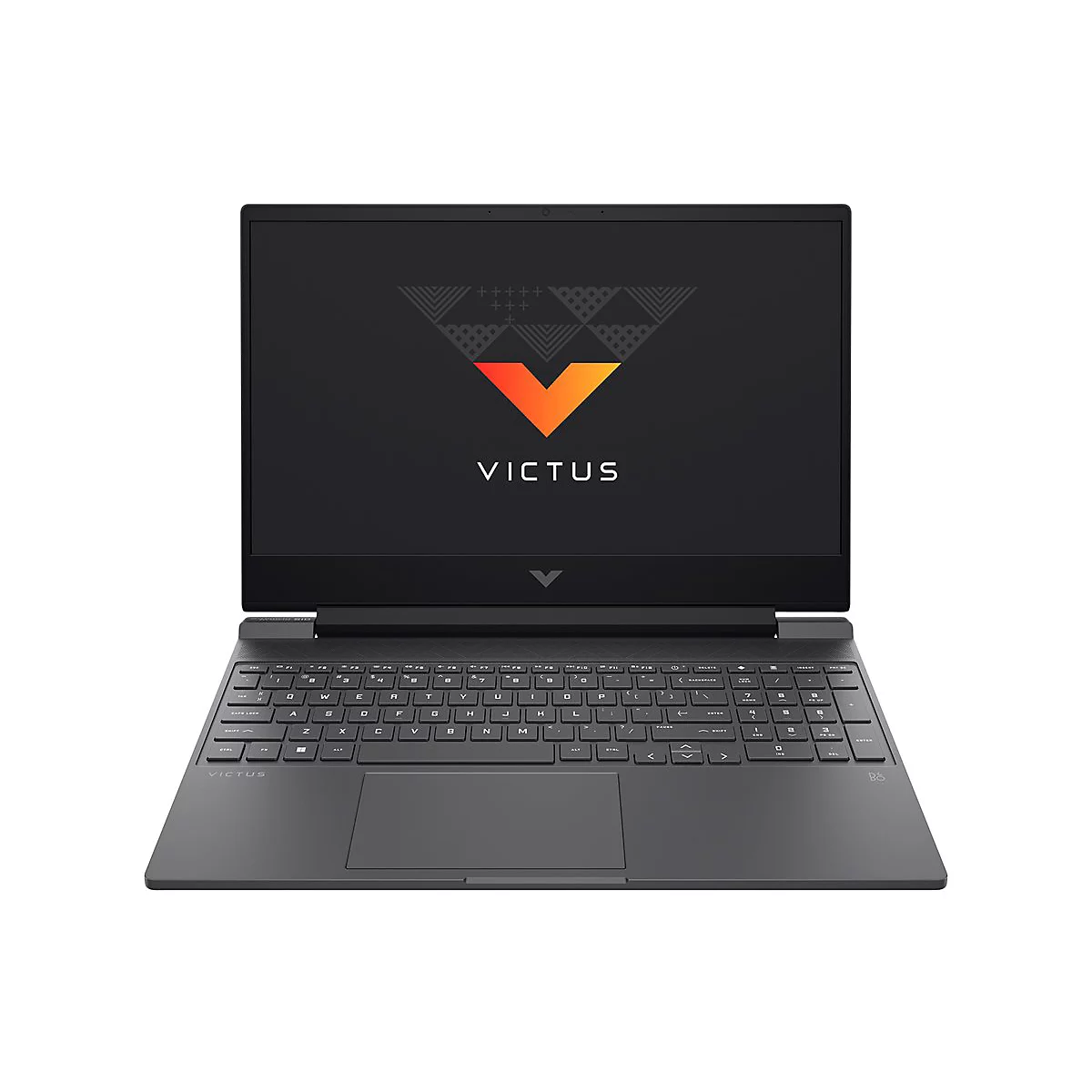 Schwarzer Laptop, Victus-Logo auf dem Bildschirm, Tastatur mit beleuchteten Tasten.