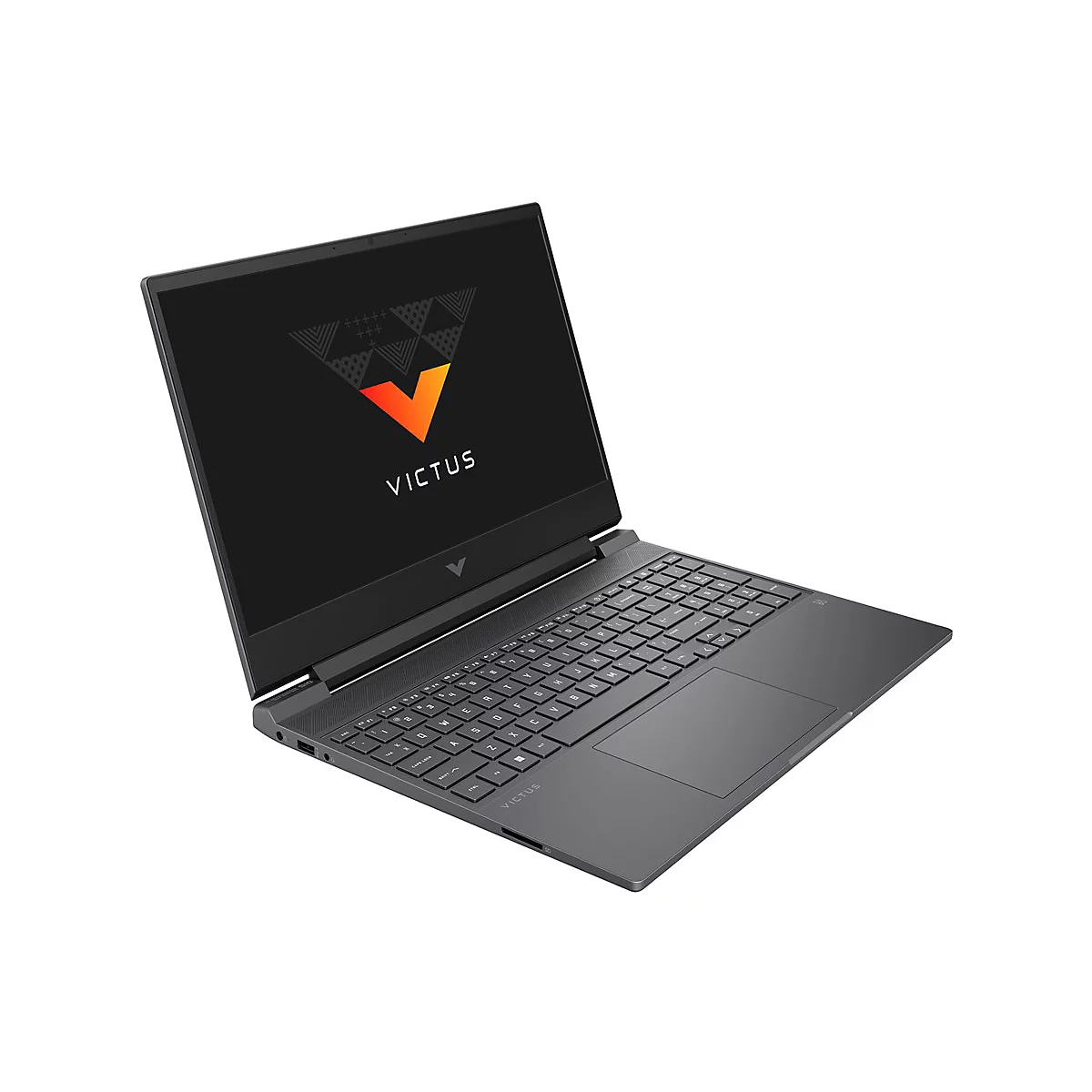 Dunkelgrauer Laptop mit geöffnetem Display. Auf dem Bildschirm das Logo 'VICTUS' mit einem orangefarbenen V auf schwarzem Hintergrund. Tastenfeld und Touchpad sind gut sichtbar.