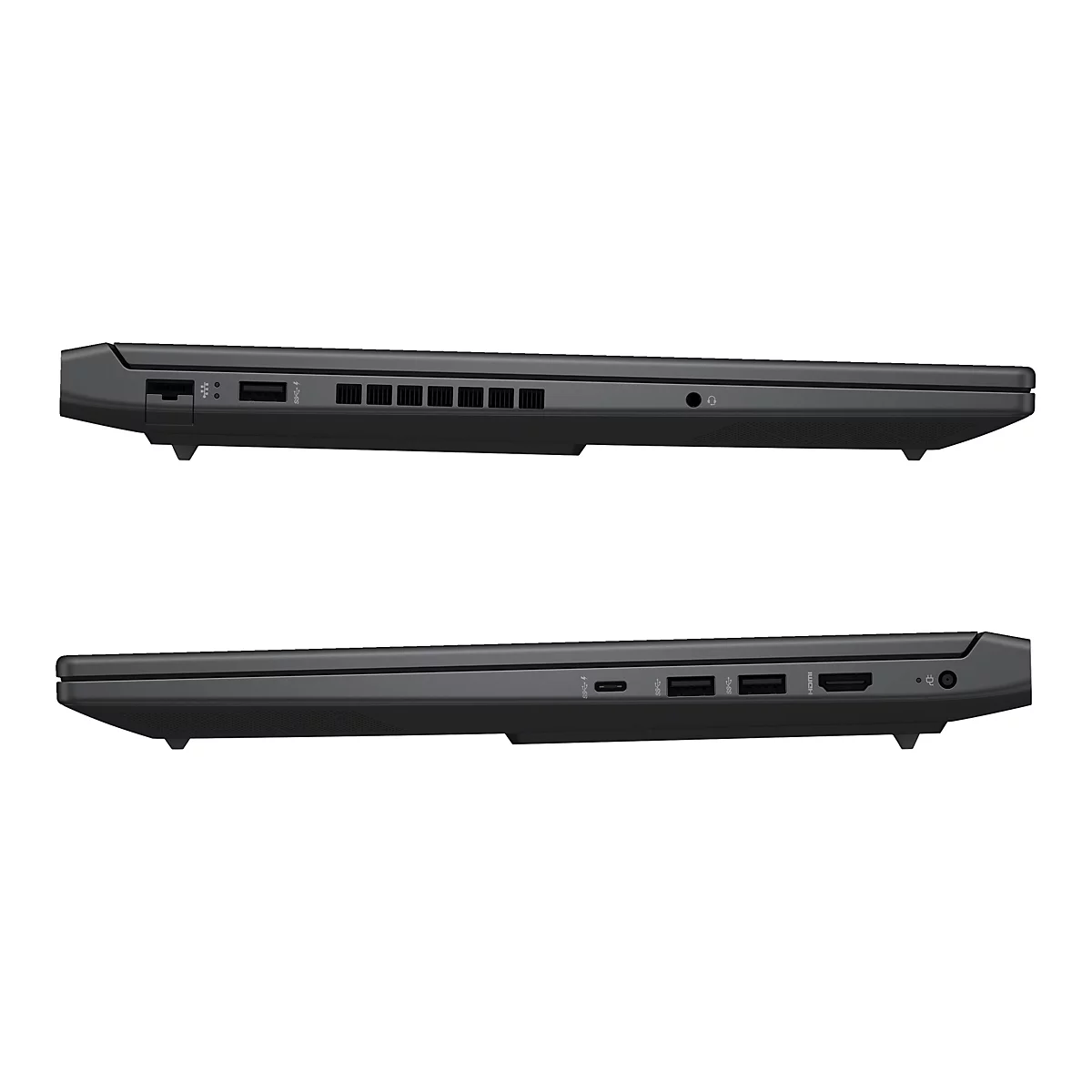Ansicht von zwei schwarzen Laptops im Profil, mit verschiedenen Anschlüssen an den Seiten.