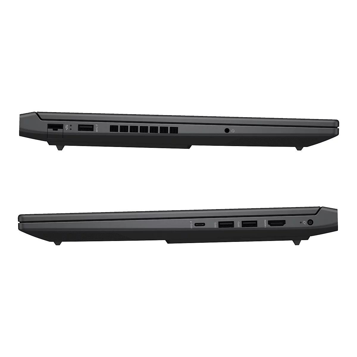 Zwei seitliche Ansichten eines schwarzen Laptops, die Anschlüsse und Lüftungsschlitze zeigen. Auf weißem Hintergrund.