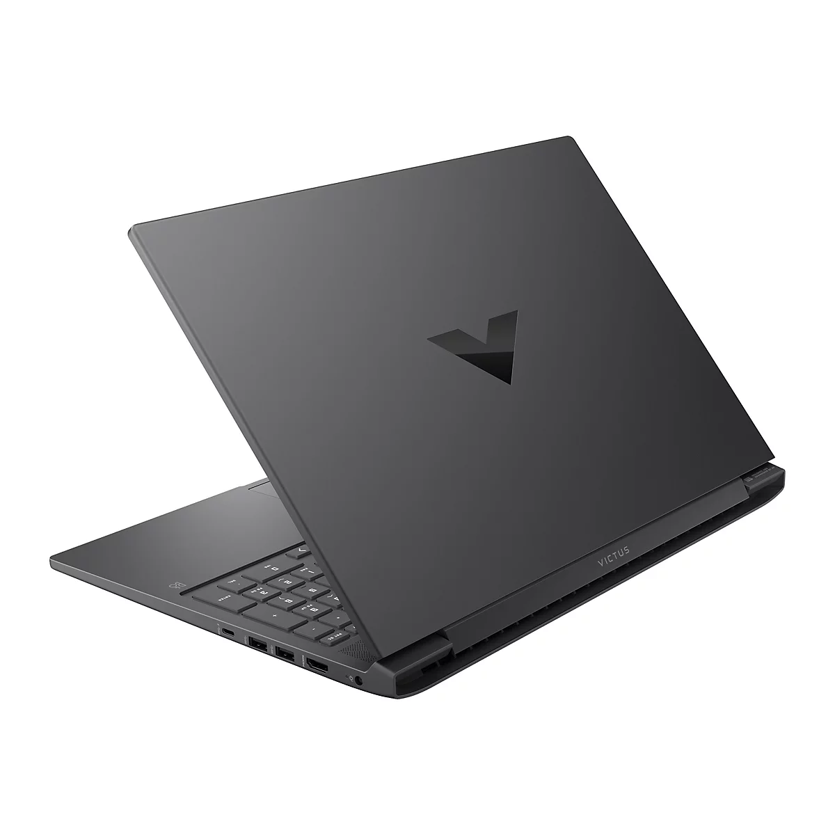 Dunkelgrauer Laptop im Winkel mit offenem Deckel, Victus-Logo.