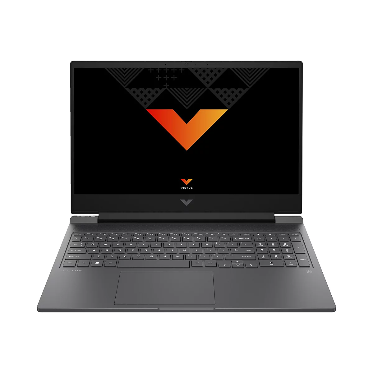 Ein schwarzer Laptop mit beleuchtetem Bildschirm, der das Logo "VICTUS" zeigt. Unterhalb des Bildschirms befindet sich eine Tastatur und ein Touchpad.