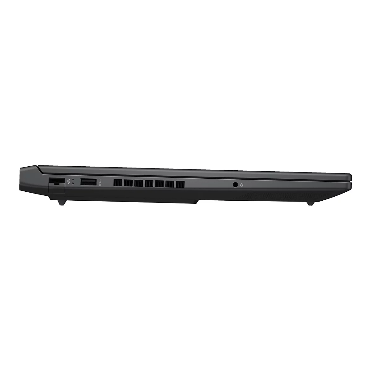 Seitenansicht eines schwarzen Laptops. Sichtbar sind Anschlüsse, Belüftungsöffnungen und ein Kopfhöreranschluss. Hintergrund ist weiss.