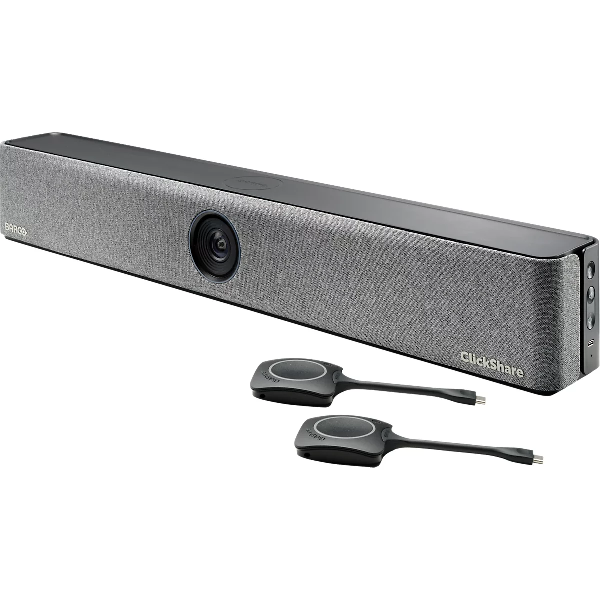Videobar Barco ClickShare Bar Pro, für mittelgroße Räume, 3840 x 2160 px, 2 x 10 W, USB/LAN/WLAN, mit 2 ClickShare Buttons, schwarz