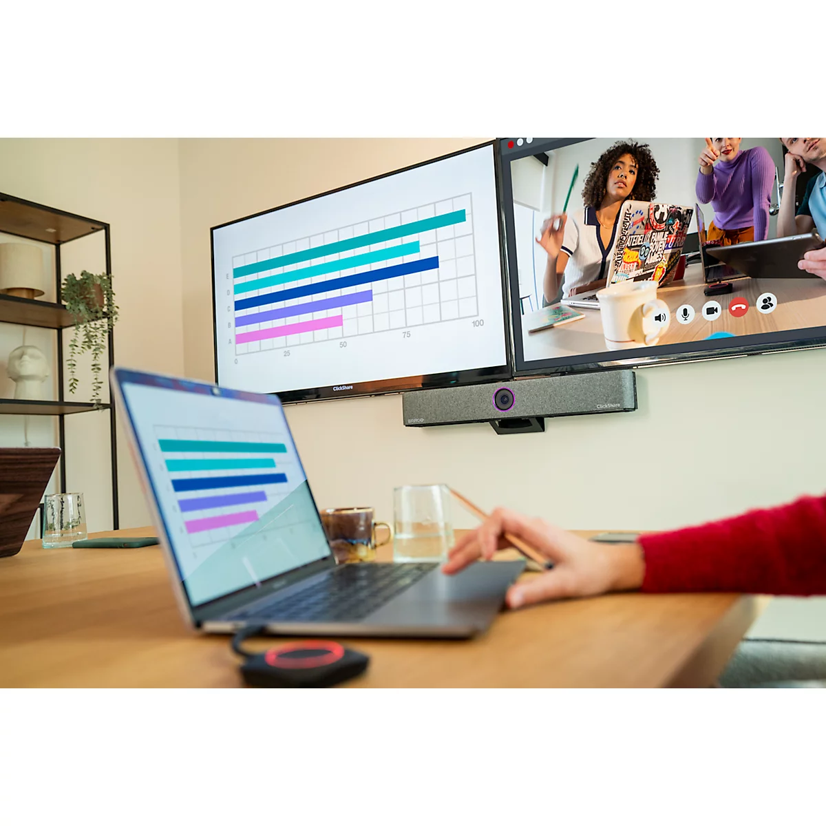Videobar Barco ClickShare Bar Pro, voor middelgrote ruimtes, 3840 x 2160 px, 2 x 10 W, USB/LAN/WLAN, met 2 ClickShare-knoppen, zwart