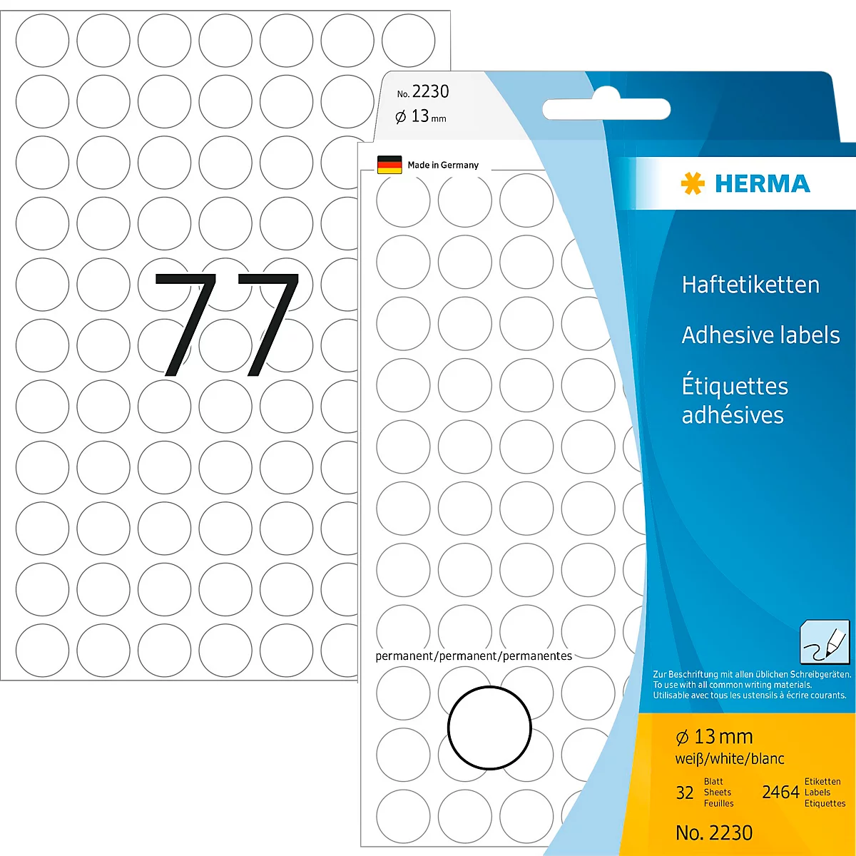 Vielzweck-Etiketten HERMA 2230, selbstklebende Markierungspunkte, Ø 13 mm, permanent haftend, 32 Blatt, Papier, matt, weiß