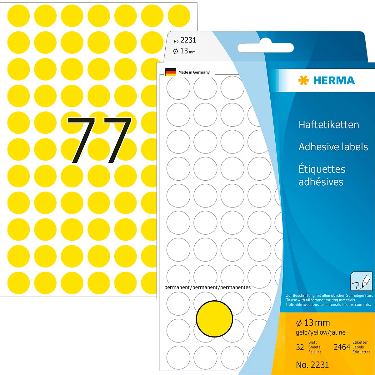 Vielzweck-Etiketten HERMA 2231, selbstklebende Markierungspunkte, Ø 13 mm, permanent haftend, 32 Blatt, Papier, matt, gelb