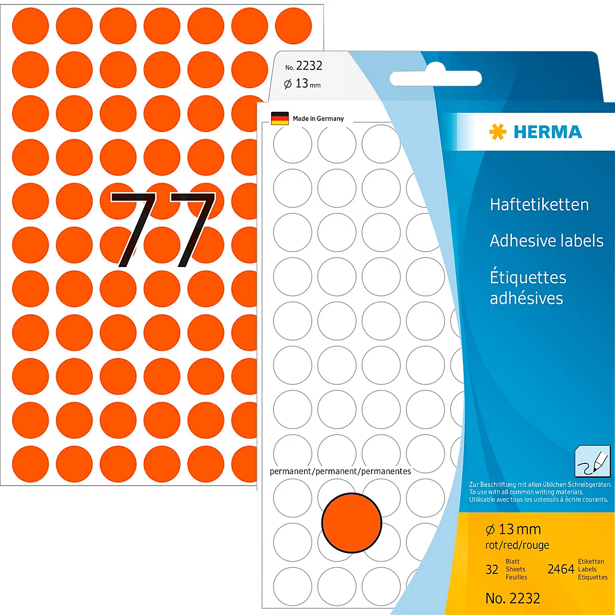 Vielzweck-Etiketten HERMA 2232, selbstklebende Markierungspunkte, Ø 13 mm, permanent haftend, 32 Blatt, Papier, matt, rot