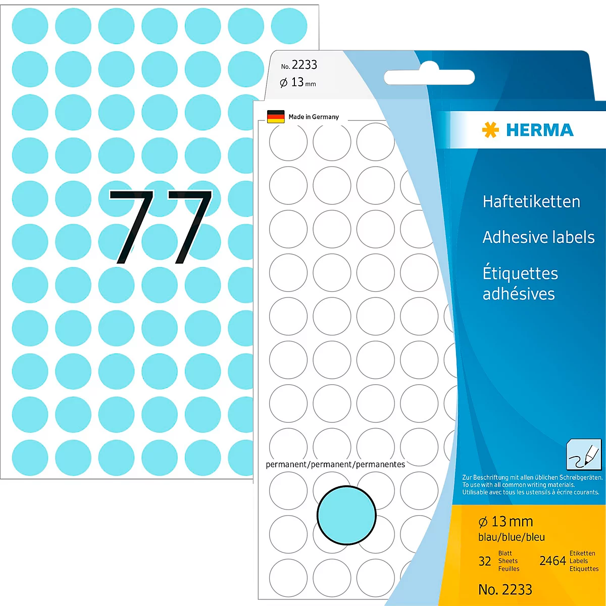 Vielzweck-Etiketten HERMA 2233, selbstklebende Markierungspunkte, Ø 13 mm, permanent haftend, 32 Blatt, Papier, matt, blau