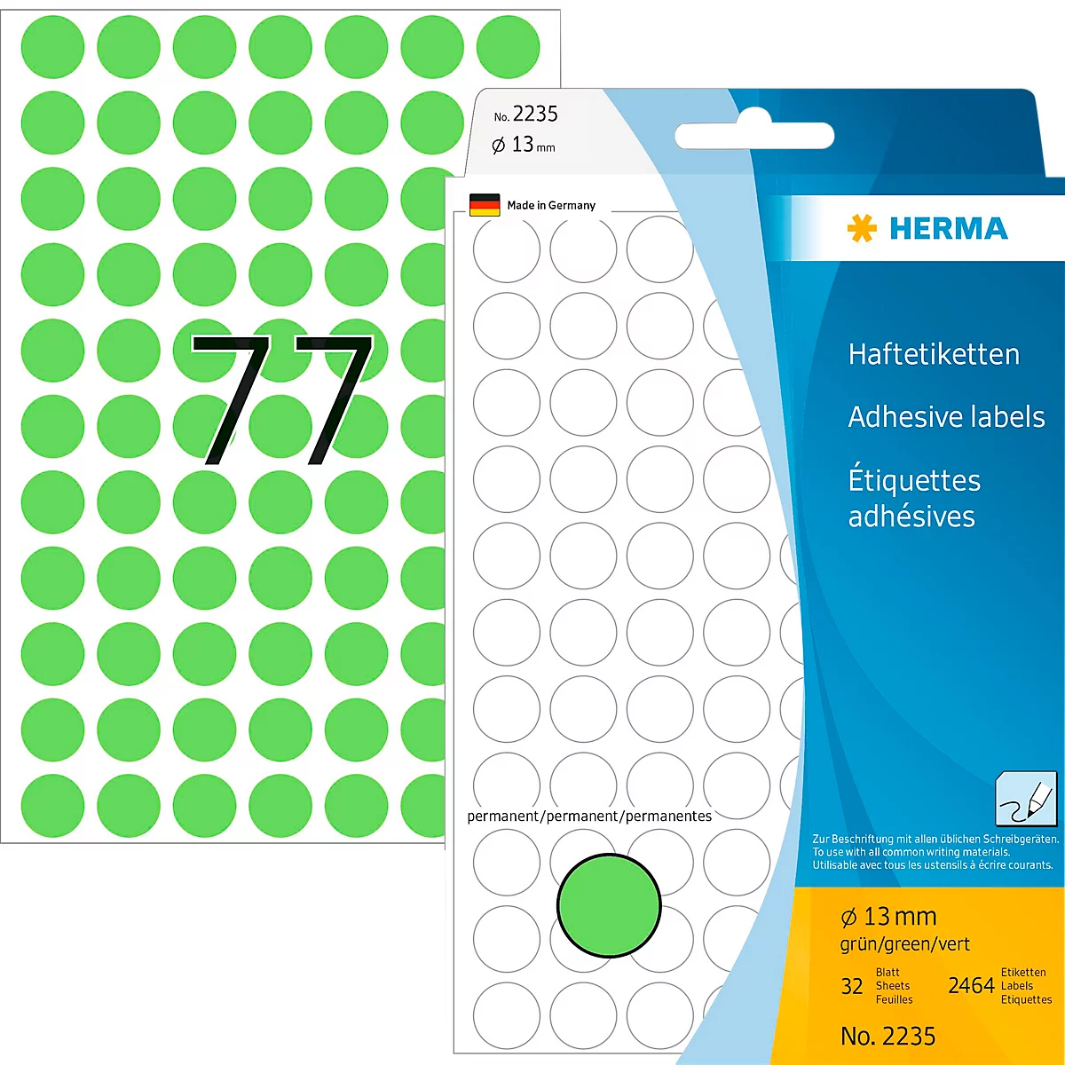 Vielzweck-Etiketten HERMA 2235, selbstklebende Markierungspunkte, Ø 13 mm, permanent haftend, 32 Blatt, Papier, matt, grün
