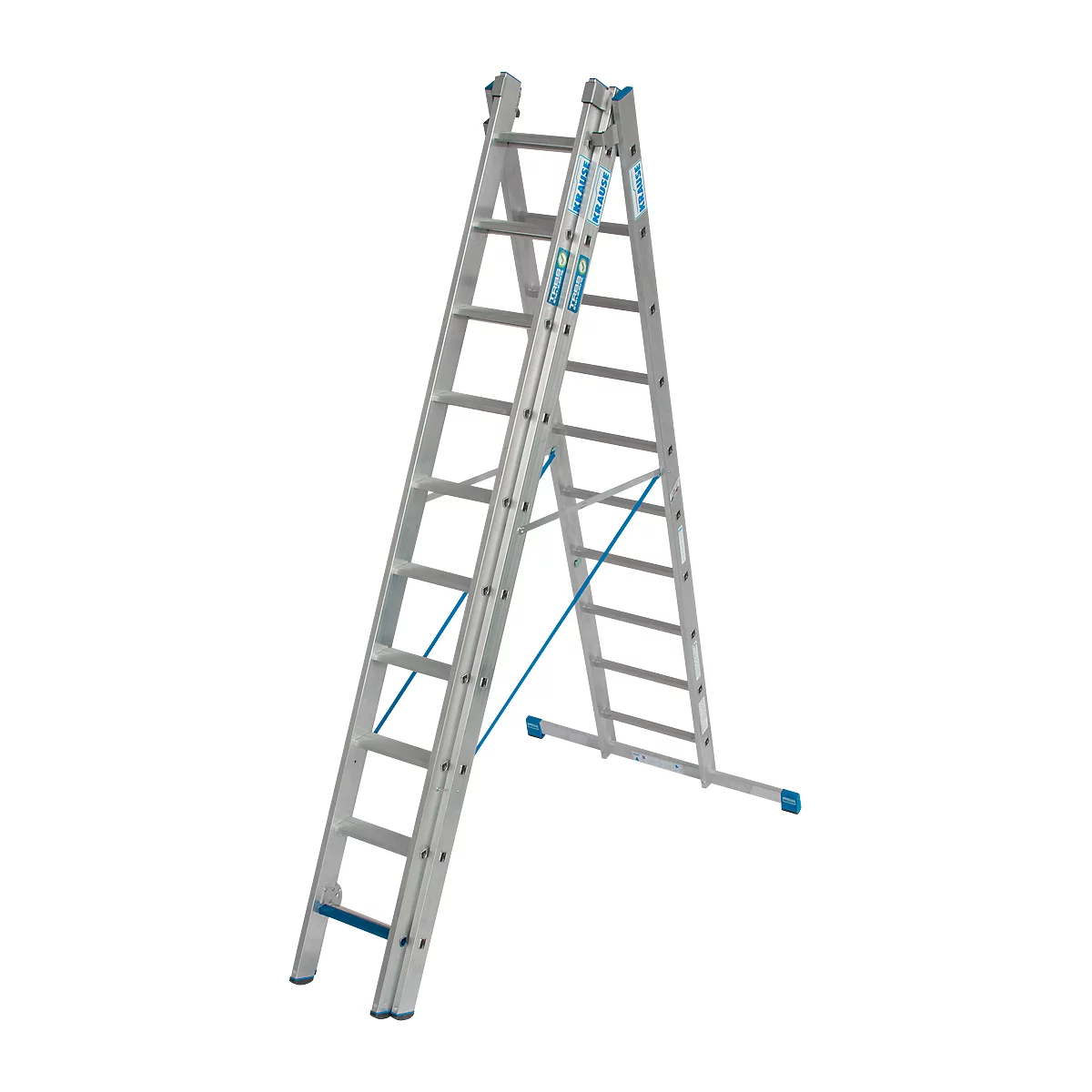 Vielzweckleiter Krause, 3-teilig, Stufen T 80 mm & Sprossen T 30 mm, Quertraverse, TRBS 2121-2, mit 3 x 10 Sprossen, Alu