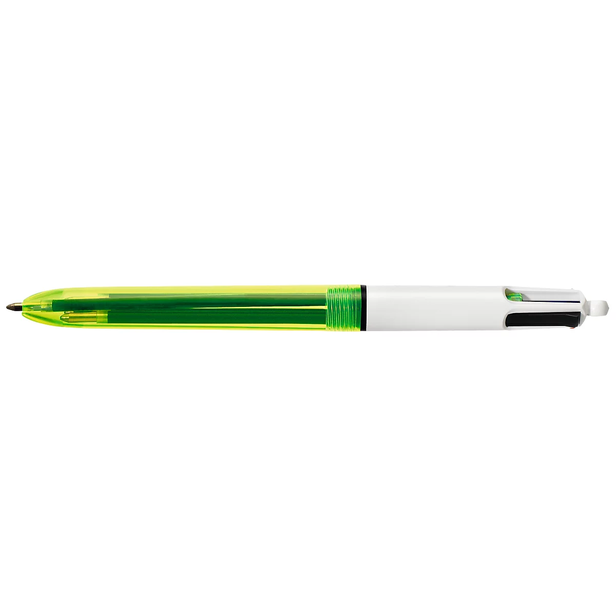 Mehrfarbiger Kugelschreiber mit neongrüner transparenter Spitze und weißem Gehäuse.