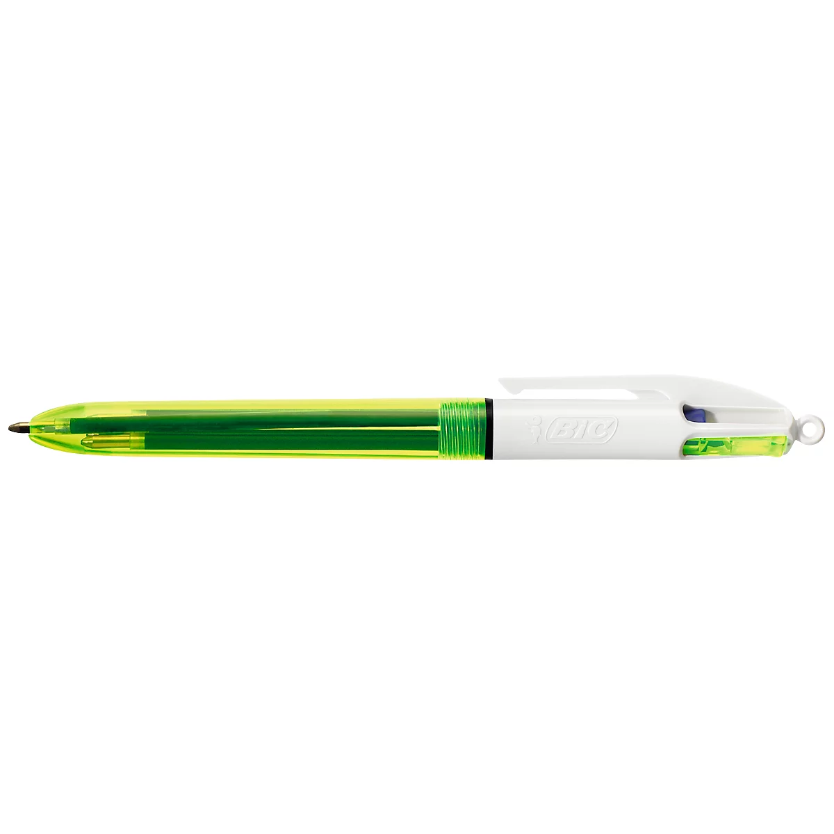 Meerkleurige BIC balpen met neongele doorzichtige houder en witte bovenkant op een neutrale achtergrond.
