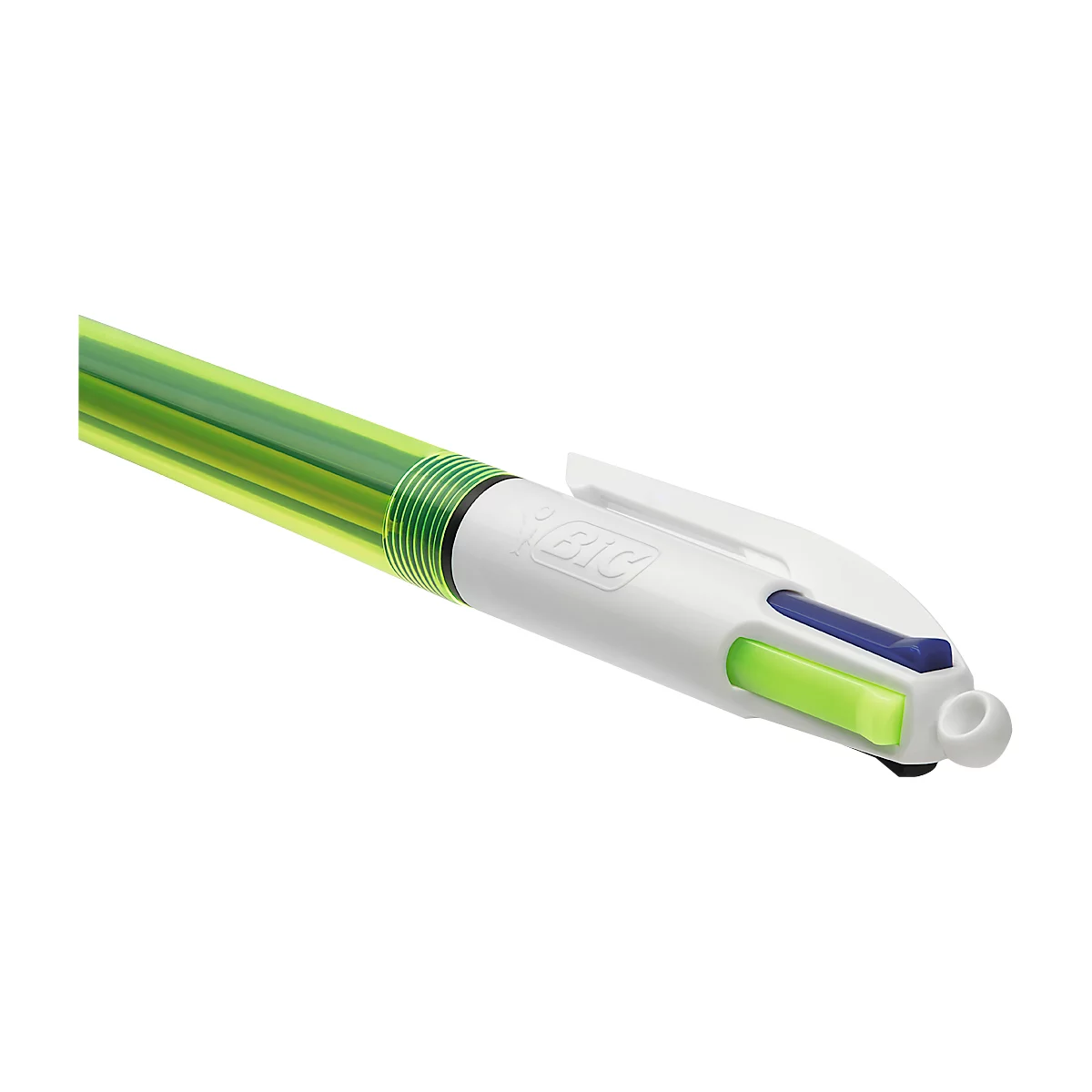 Close-up van de bovenkant van een witte Bic-pen met meerdere kleuren en een limoengroen deel van de behuizing.