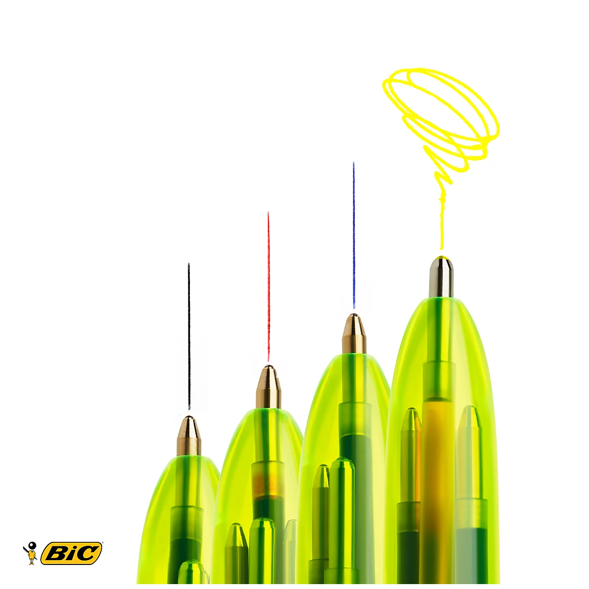Vierkleurenbalpen BIC® 4 Colours® Fluo, onuitwisbaar, 0,4 mm, incl. neongeel om te highlighten