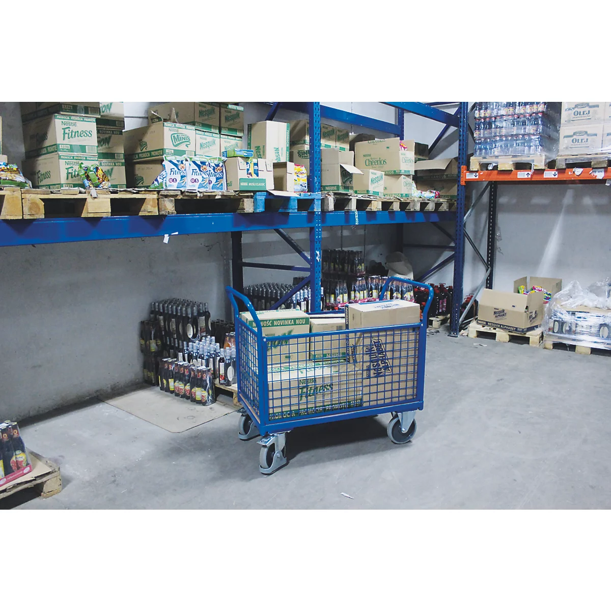 Vierwandige trolley, staal/MDF-plaat, decor gentiaanblauw/beuken, L 1000 x B 650 mm, verwijderbare langswanden, TPE-wielen met EasySTOP, tot 500 kg