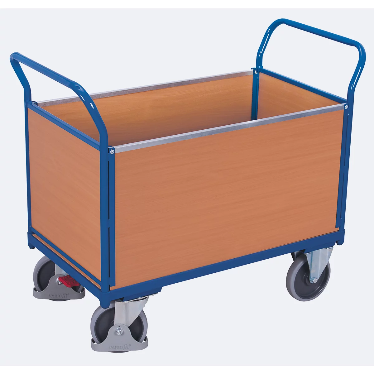 Vierwandige trolley, staal/MDF-plaat, decor gentiaanblauw/beuken, L 850 x B 450 mm, verwijderbare langswanden, TPE-wielen met EasySTOP, tot 400 kg