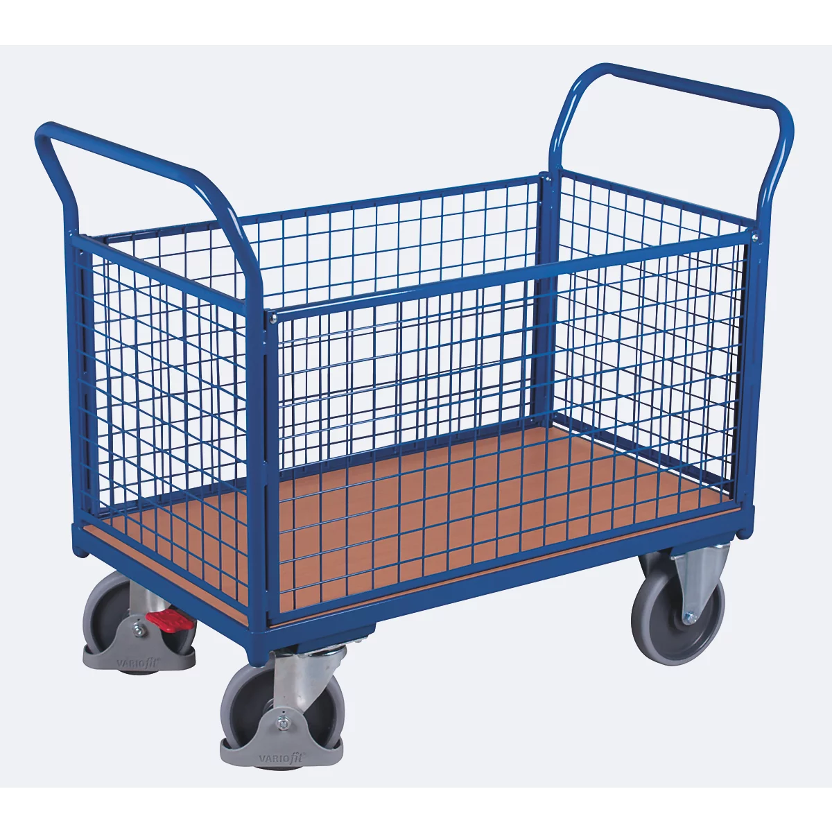 Vierwandige trolley, staal/MDF-plaat, decor gentiaanblauw/beuken, L 850 x B 450 mm, verwijderbare langswanden, TPE-wielen met EasySTOP, tot 400 kg