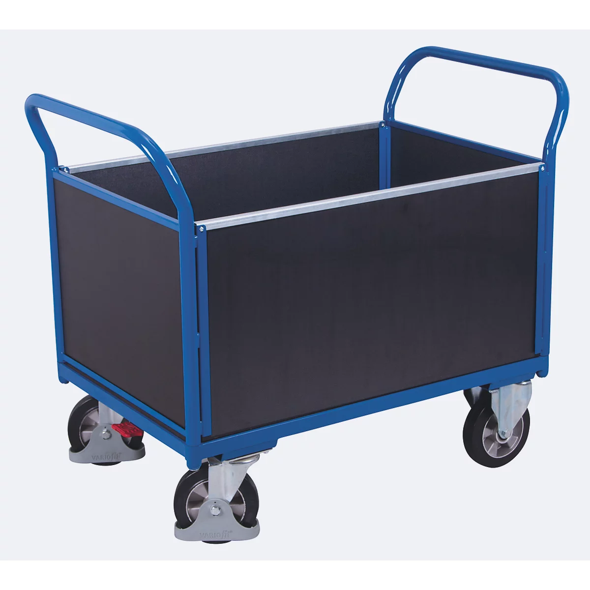 Vierwandige wagen, staal/zeefdrukplaat, gentiaanblauw/donkerbruin, L 1195 x B 750 mm, verwijderbare langswanden, massief rubberen zwenkwielen met EasySTOP, 1000 kg