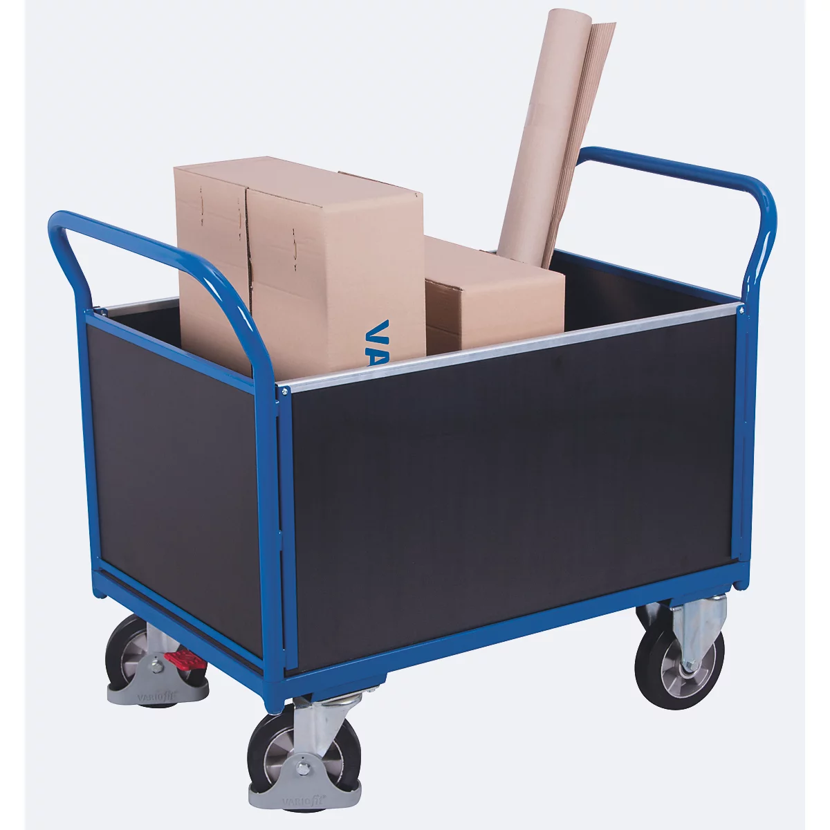 Vierwandige wagen, staal/zeefdrukplaat, gentiaanblauw/donkerbruin, L 1195 x B 750 mm, verwijderbare langswanden, massief rubberen zwenkwielen met EasySTOP, 1000 kg