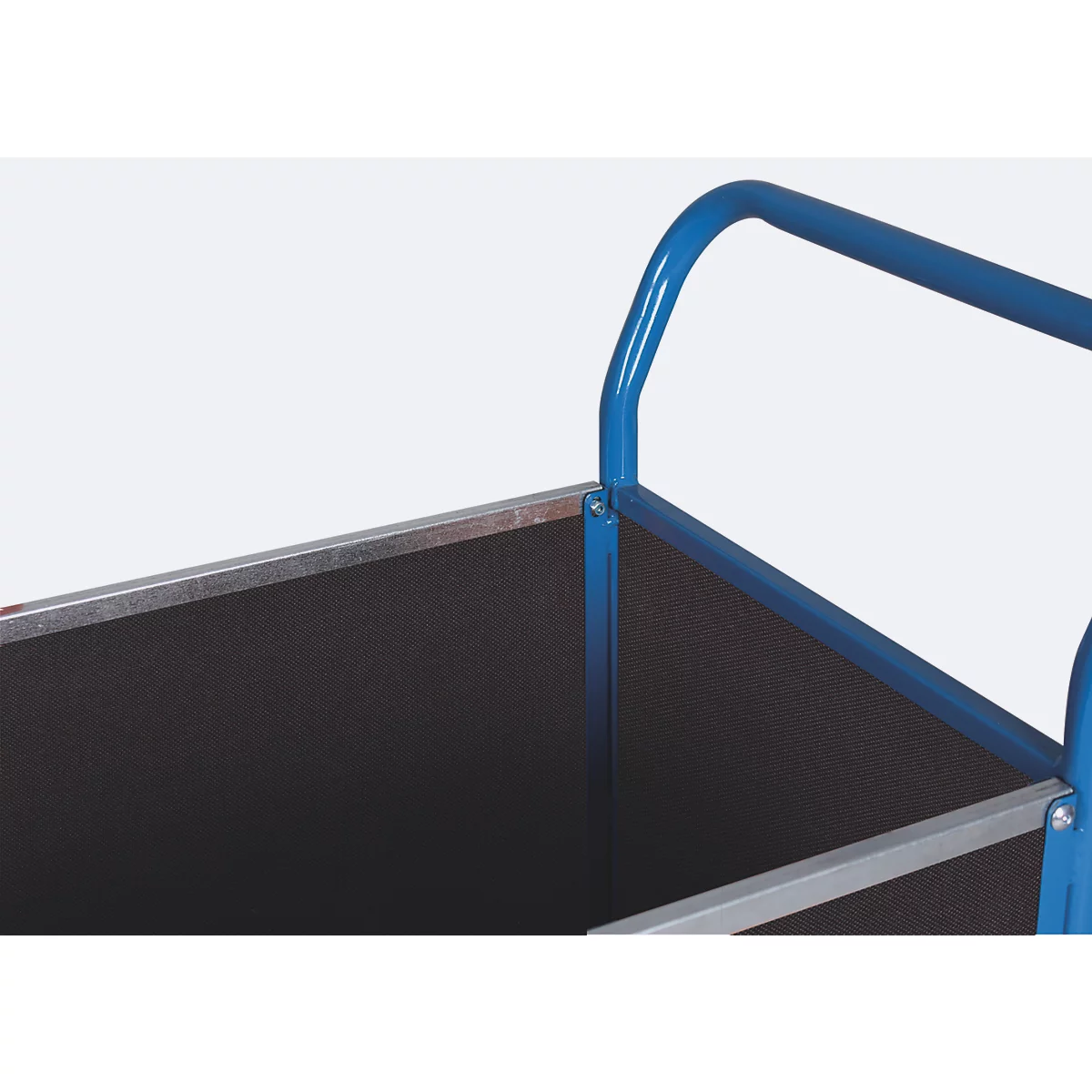 Vierwandwagen, Stahl/Siebdruckplatte, Enzianblau/Dunkelbraun, L 1195 x B 750 mm, herausnehmbare Längswände, Vollgummi-Rollen mit EasySTOP, 1000 kg