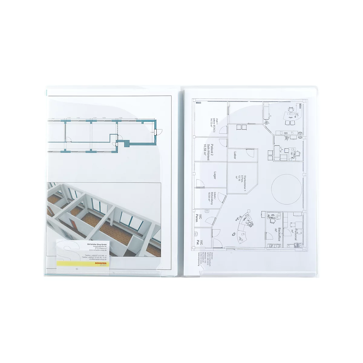 Two open folders with architectural plans: floor plans, 3D view of a room and business card.