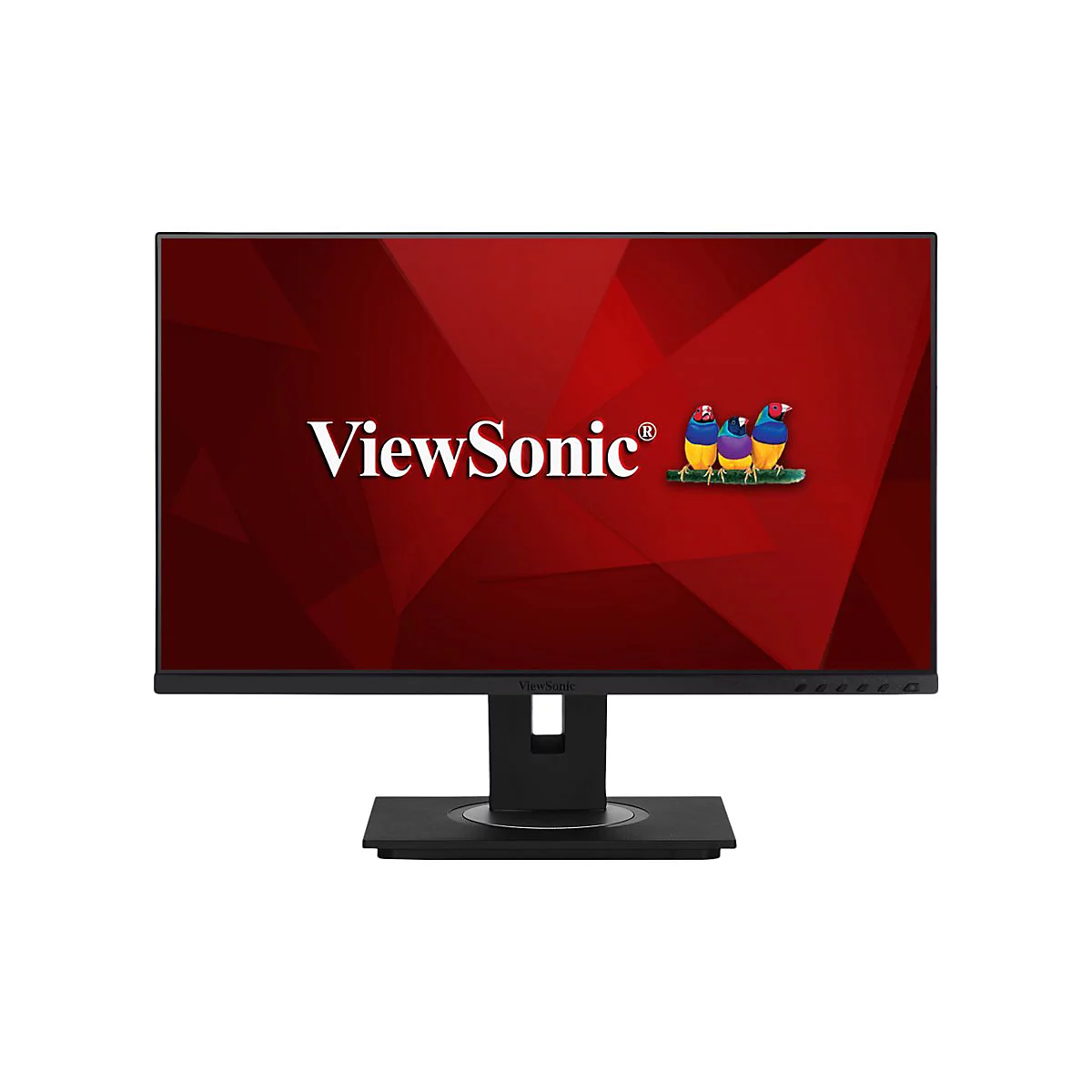 Moniteur ViewSonic noir avec un écran rouge affichant le logo de l'entreprise et des oiseaux colorés.