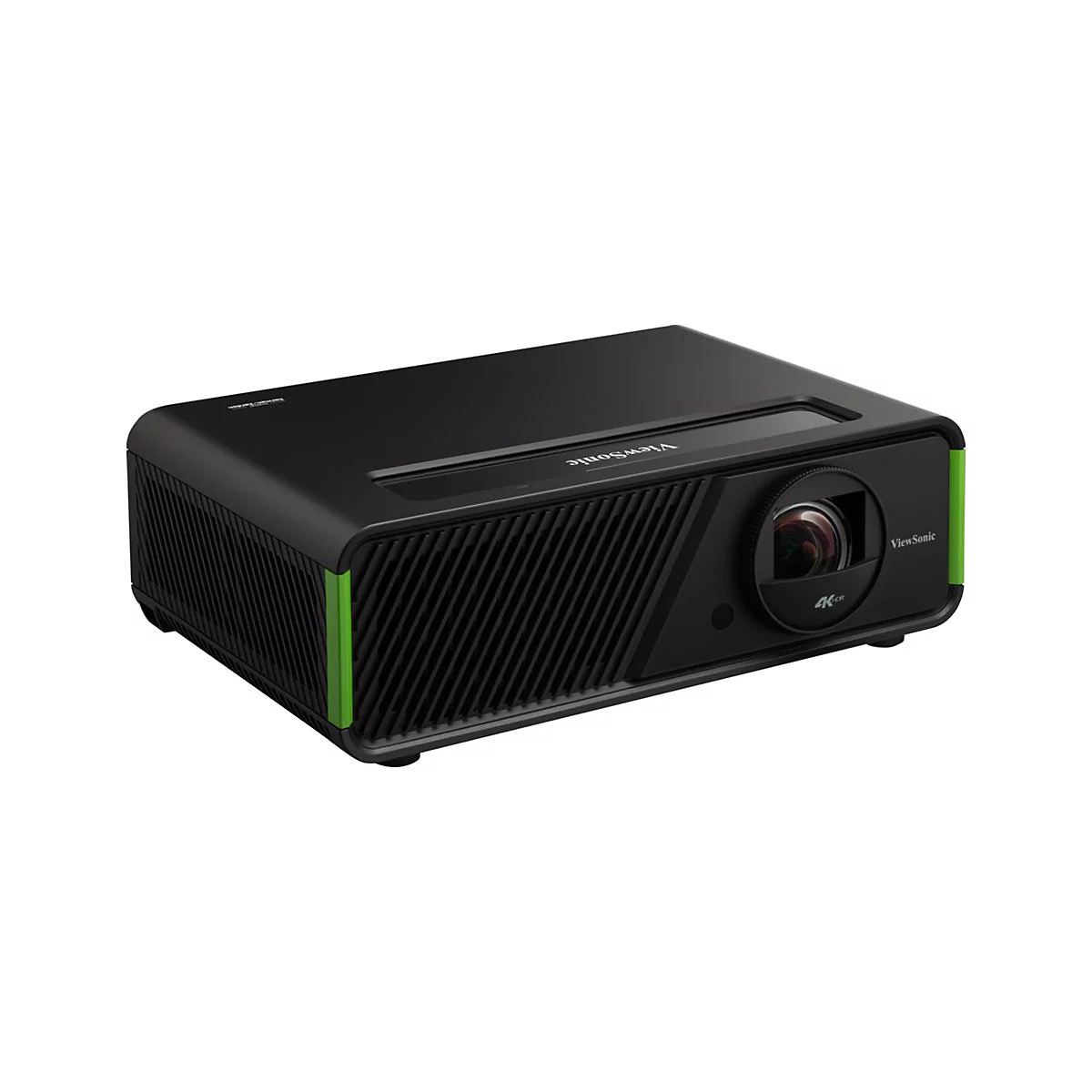 Projecteur ViewSonic noir avec des accents verts et le logo 4K. Lettrage ViewSonic sur l'appareil.