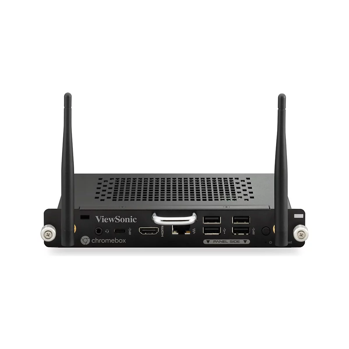 Schwarzer ViewSonic Chromebox Computer mit zwei Antennen. Auf der Vorderseite sind Logos und Anschlüsse zu sehen.