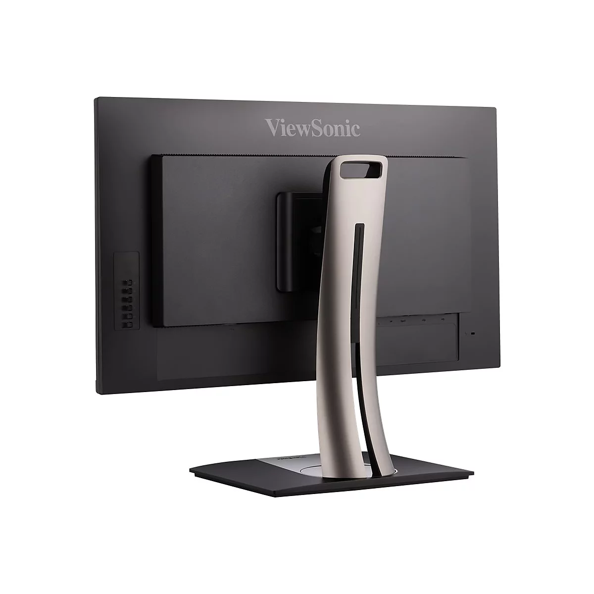 Rückansicht eines ViewSonic Monitors. Grauer Bildschirm, silberfarbener Ständer.