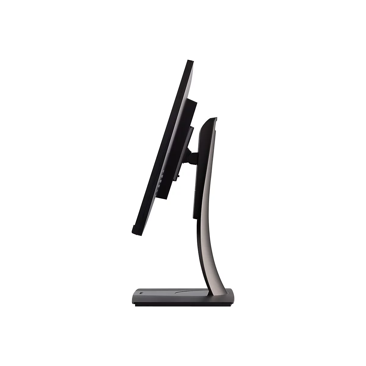 Seitenansicht eines schwarzen Monitors mit Standfuß vor weißem Hintergrund. Der Bildschirm ist leicht geneigt.