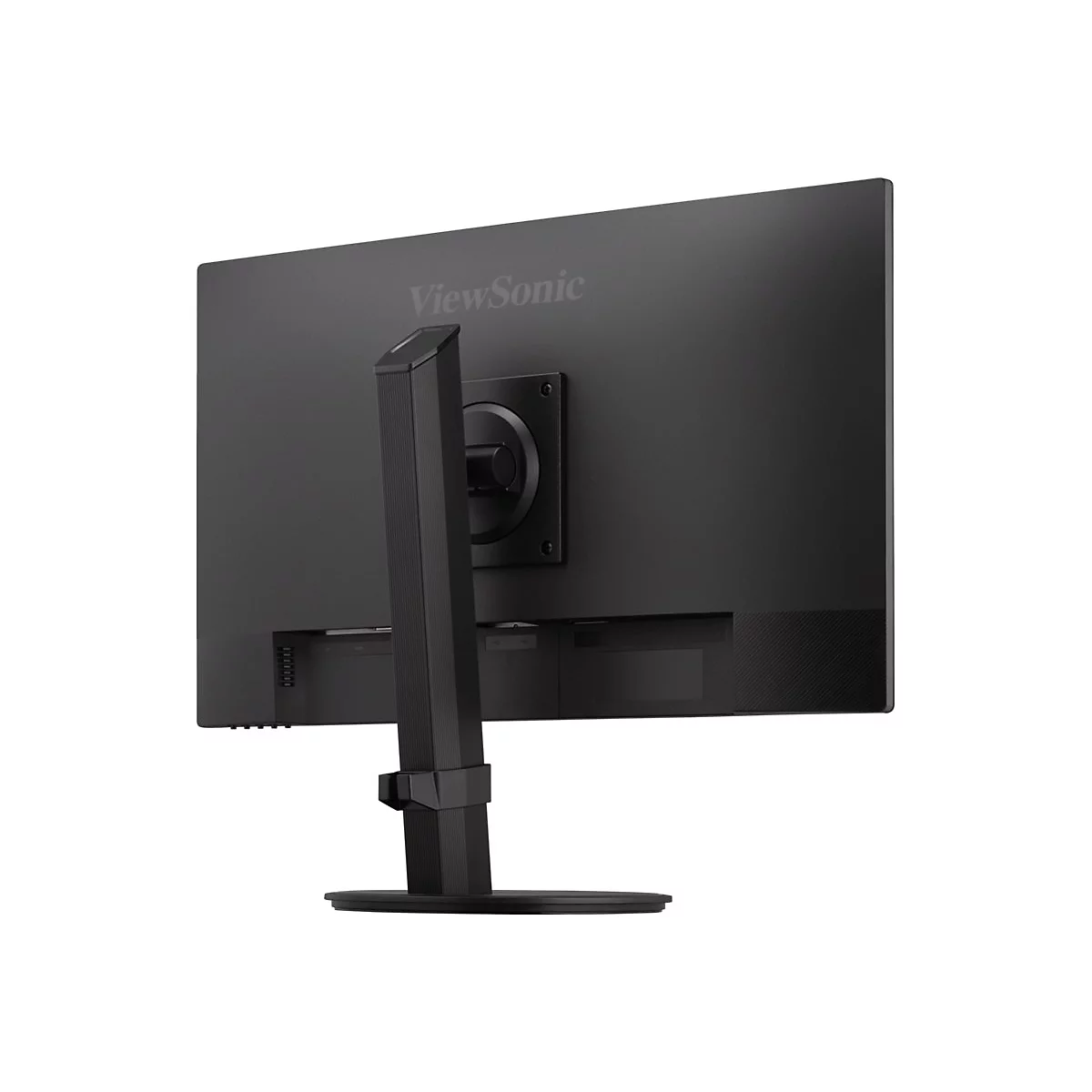 Moniteur noir avec pied, vue arrière. Logo ViewSonic. Vue détaillée des ports.