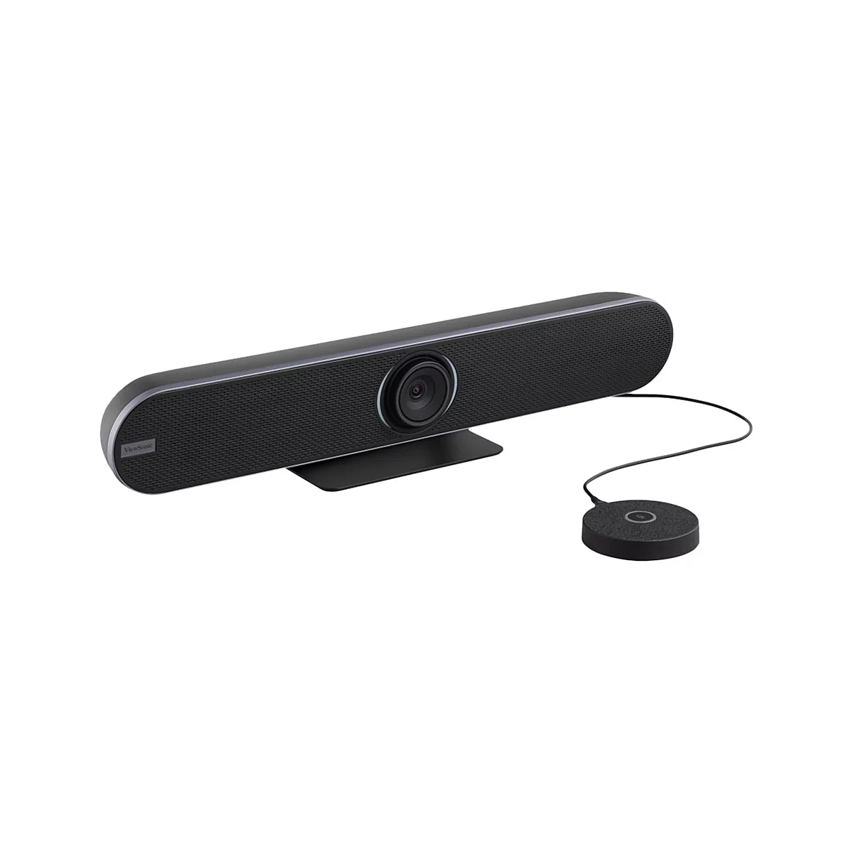 Eine schwarze Videokonferenz-Soundbar mit Kamera, Mikrofon und separatem Bedienmodul. Das ViewSonic-Logo ist sichtbar.