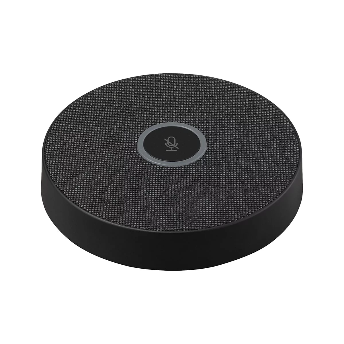 Runder, schwarzer Konferenzlautsprecher mit Mikrofon-Symbol in der Mitte.