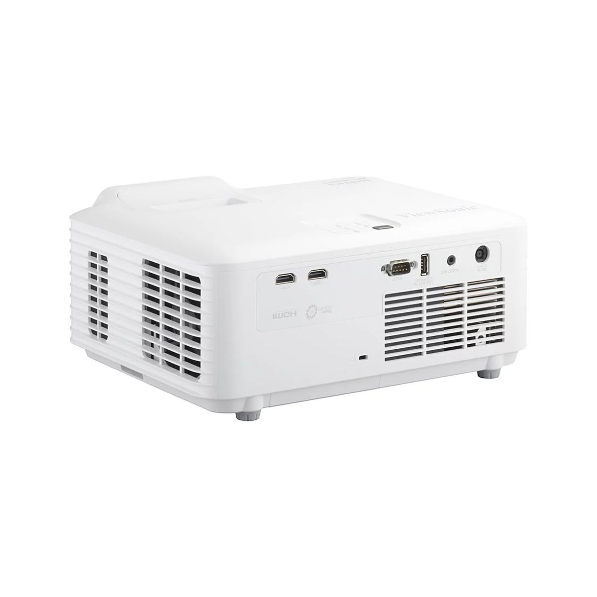 Weißer ViewSonic-Projektor; HDMI-, VGA-, USB-Anschlüsse; Lüftungsschlitze; DC-IN und Audio-Out-Anschlüsse.