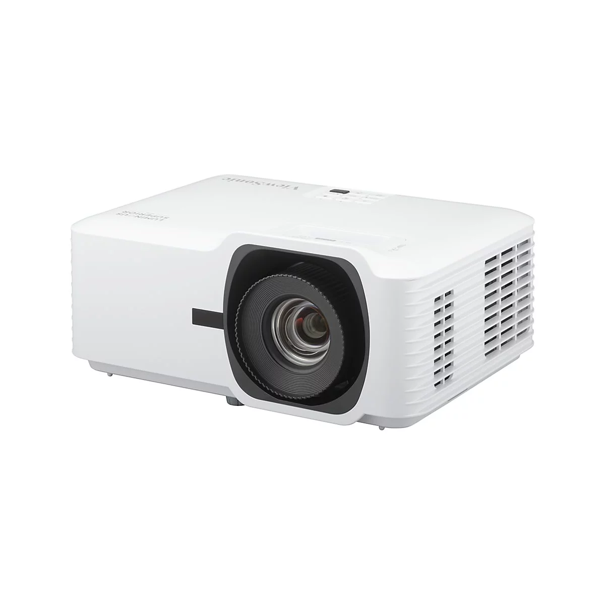 Weißer Projektor mit schwarzer Linse. Das ViewSonic-Logo ist zu sehen.