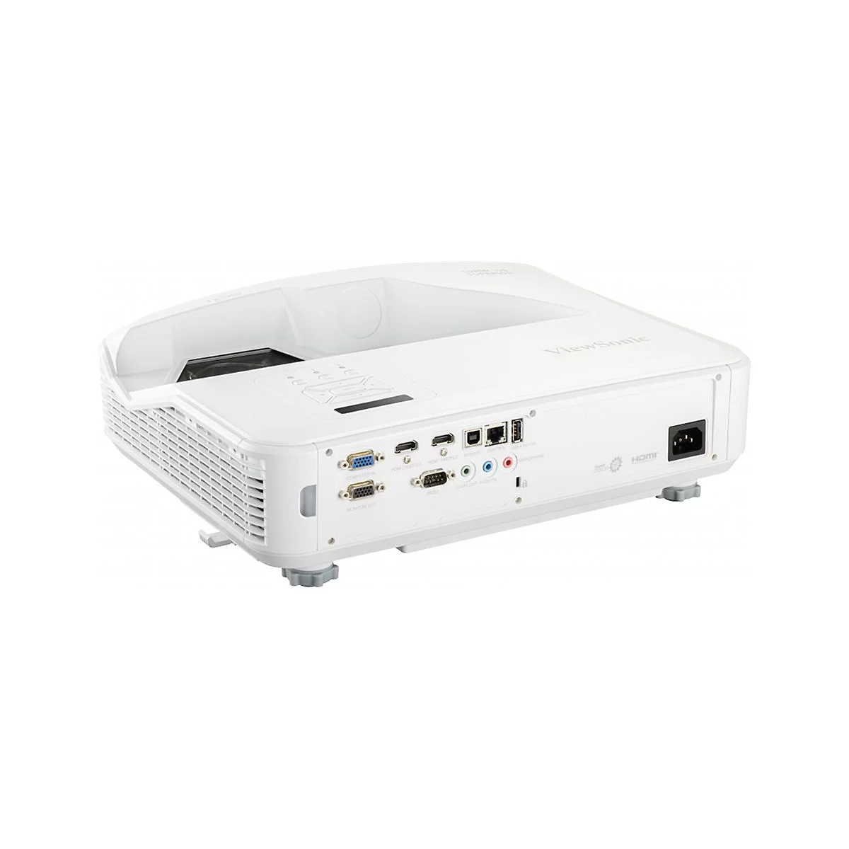 Projecteur ViewSonic blanc sur fond blanc. Connecteurs : HDMI, VGA, audio. Logo ViewSonic visible.