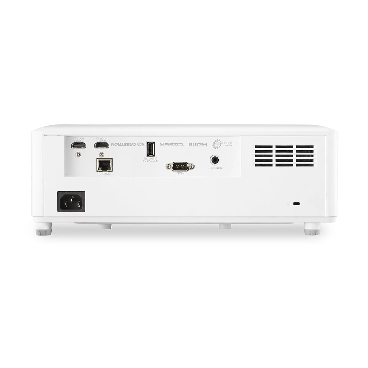 Rückseite eines weißen Projektors mit Anschlüssen für Strom, HDMI, Audio und USB. Aufschrift: CRESTRON, LASER, Super Color.