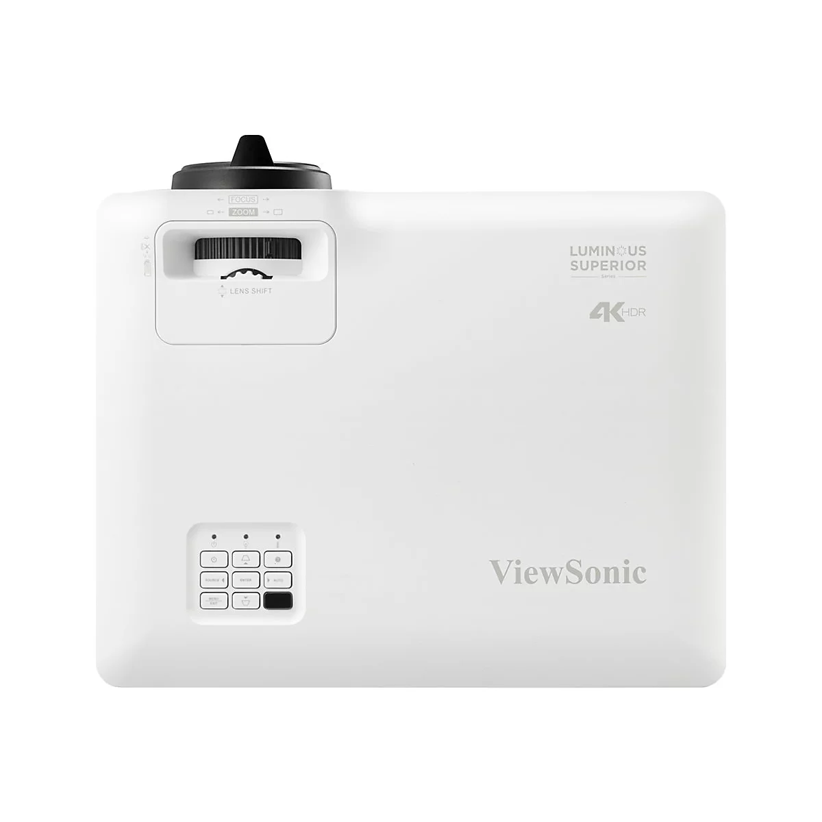 Weißer ViewSonic-Projektor mit Bedienelementen, Beschriftungen für Fokus und Zoom. "Luminous Superior"-Schriftzug.